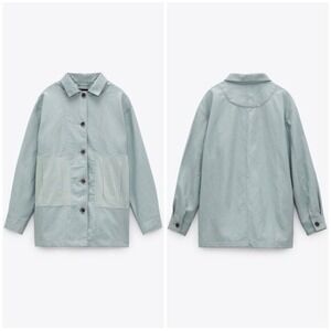 ZARA Faux Leather Utility Shacket Jacket Sage Blue Button Front Oversized XS
